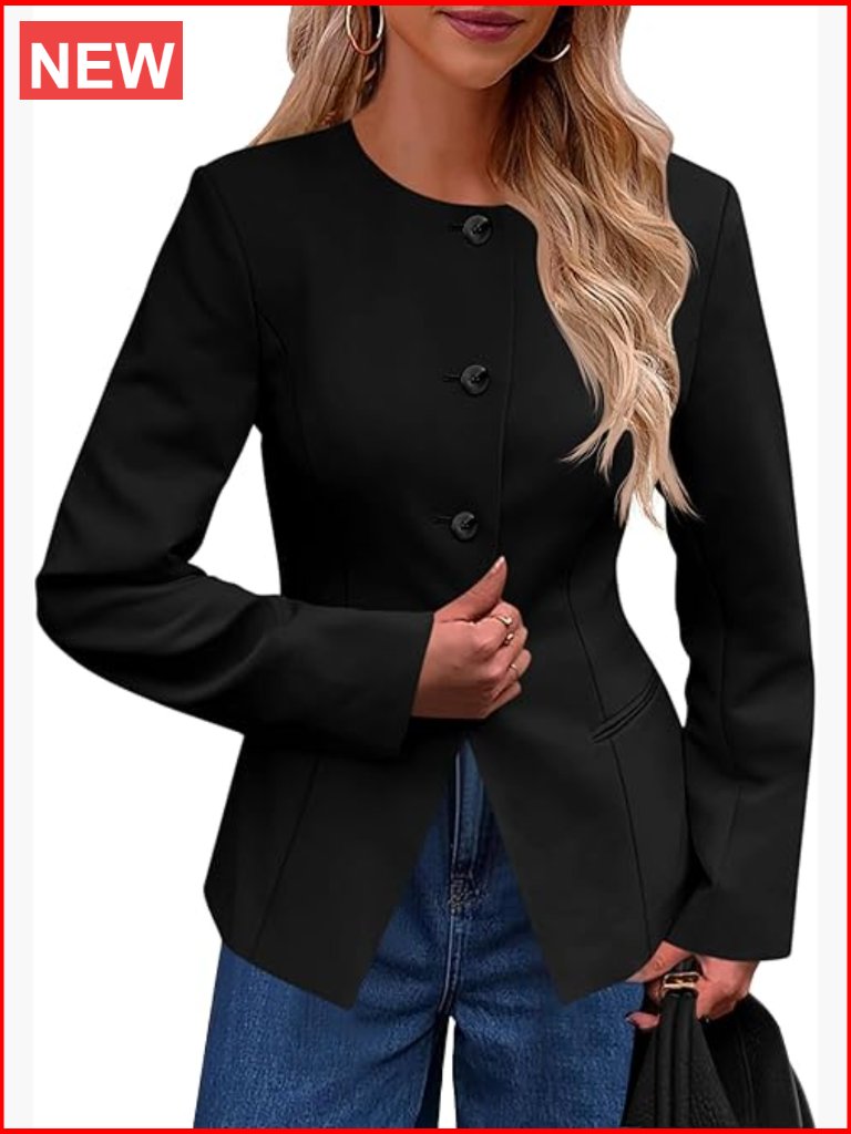 Fitted Collarless Blazer With Split Hem - Work Office Suit Jacket